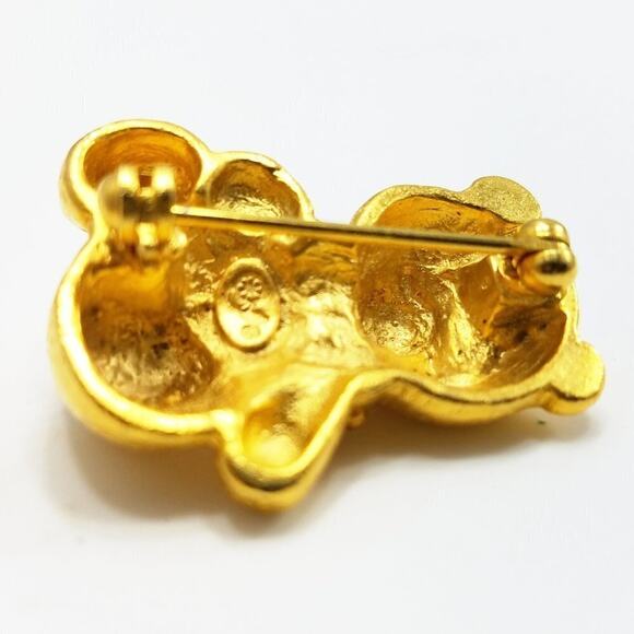 Gold Tone Teddy Bear Brooch Rhinestones Red Bow Vintage Figural Pin - Picture 5 of 10